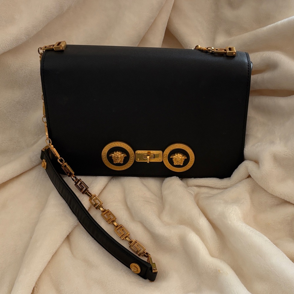Versace Black and Gold Clutch with Chain Detail